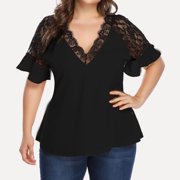 PLUS SIZE V neck Lace Flutter Sleeve Top Red - Picture 3 of 8